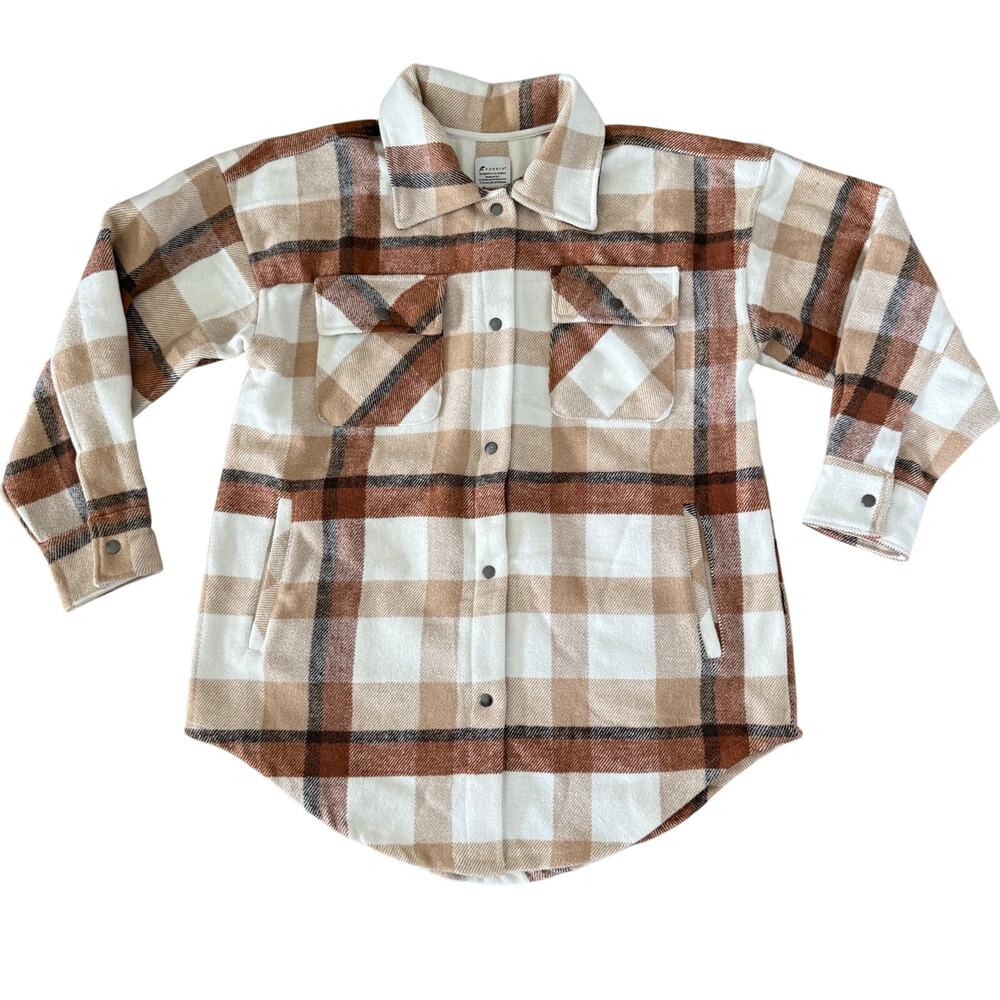 Fornia Women's White Brown‎ Plaid Flannel Shacket Snap Front Long Jacket - Small